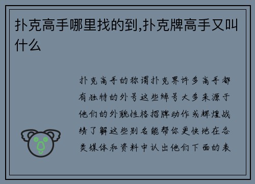 扑克高手哪里找的到,扑克牌高手又叫什么